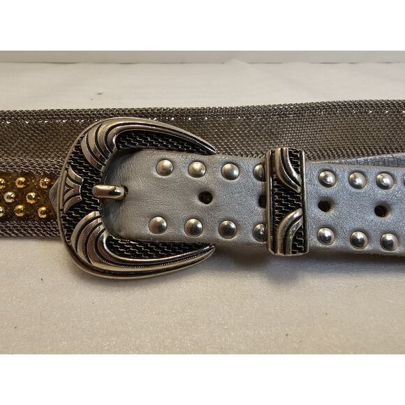 Vintage USMECO Silver Woven Mesh Metal Braided Studded Leather Belt w/gold Bead - Picture 3 of 14